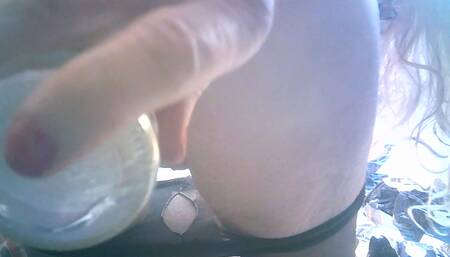 Sarah Shitcunt smokes,  fucks herself, with bottle and high heel, masturbates and smashes eggs and  cream pie over her  face