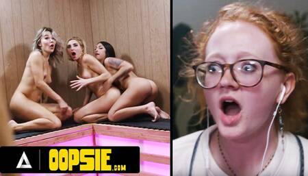OOPSIE - Horny Cis Babe's Sneaky Handjob In Sauna Sparks Wild Trans Threesome, Caught By Janitor