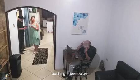 While the Husband Works, the Wife in a Towel Greets the Delivery Man