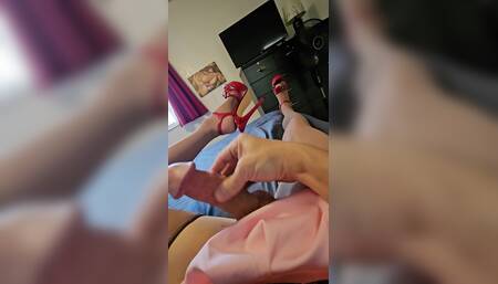 Milky Hard Cum in Pink Skirt  & Red High Heels with Nylon Thigh Rub Dripping PreCum