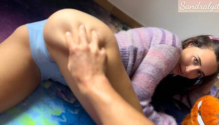 This girl plays with her stuffed animal and I masturbate her