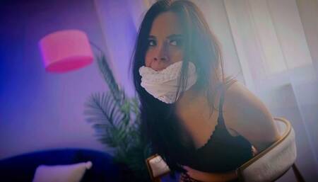 Gag Order - Jasmin Jai - tank top, shorts, leopard print, witness, hom, hand over mouth, tape bondage, chair tied, cleave gagged, mouth stuffing, Otm gagged, barefoot, hopping copy