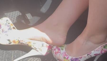 Ember Wearing Little Black Cork Heeled Boots And Floral Pumps Revving Engine Compilation