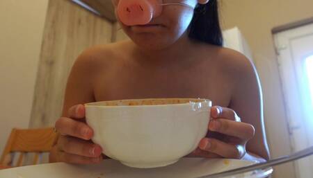 My Latin stepsister eats in a pig nose mask and makes food porn because he feels fat so he stuffs his face with food he eats so much that he has an orgasm from the food it's so delicious in 4k