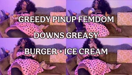 Greedy Pinup Femdom downs greasy cheeseburger