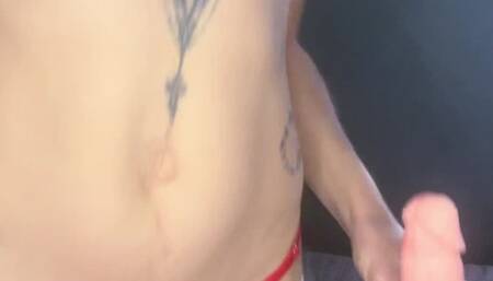 Sexy tattooed white girl masturbating in sexy red lingerie