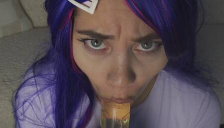 eye contact I'm looking at you my stepsister in cosplay costume makes a silly face while playing with a dildo and sucking the dildo makes eye contact and looks at you in 4k