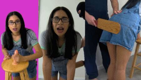 eRica gets caught messing with a dildo! She gets spanked & paddled in her overalls as punishment!