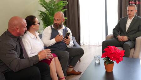 Hot Secretary Helps with a Business Deal and Has Dirty Threesome Sex with Her Boss and His Client in Front of the Bodyguard!