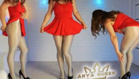 37-shiny Tights on Anya's Legs, Beautiful Thighs and a Short Dress.