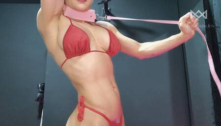 Red Bikini Flexing Fantasy: Veins, Abs & Back Muscles on Fire