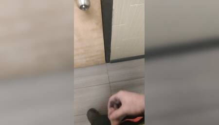 Jerking and cumming in public bathroom hallway