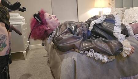 Miss Ruby Pvc Domme Throatfucks Sissy Maid with Huge Black Strap-on, Sph, Face Slapping with Dildo