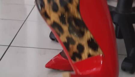 Poltrona in pelle de segretaria, top con seno scoperto e catenelle , collant 8 DEN velatissimi neri . Ai piedi décolleté con la suola leopardata