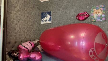 looner girl rding on rool and poping mylar balloons