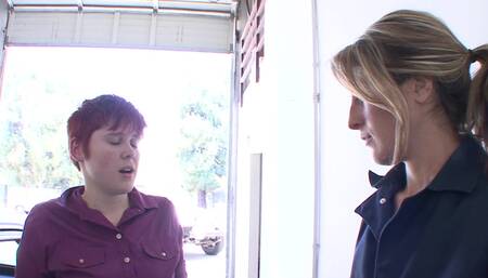 Kara Price And Lily Cade fuck each other at the mechanic's garage.