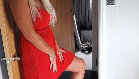 Nikkichick crushes a 1980's Dodge police car in big wedges with painted toe nails toy car crush full body view