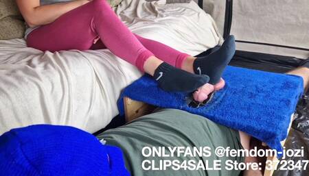 Amateur CBT and Cock Trampling on Cockbox with Sweaty Feet in Black Socks, German Amateur Couple