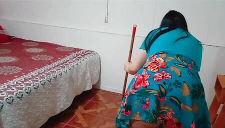 Stepmother caught sweeping is fucked by her stepson