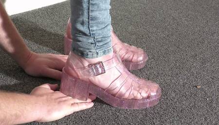 Hand Trampling In Pink Jelly Shoes CLOSE UP (4K)