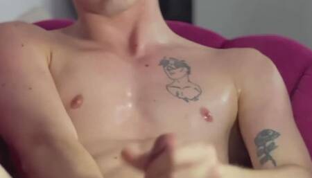 Masturbating my big cut dick with all body olied