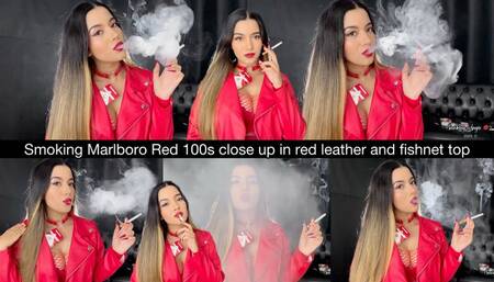 Smoking Marlboro Red 100s close up in red leather and fishnet top