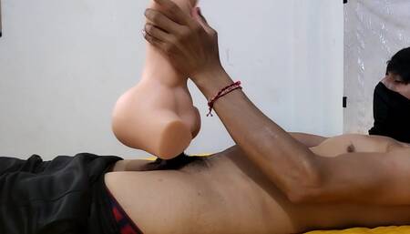 Young man with a big cock fucks doll until he cums - homemade
