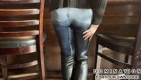 MILF Greta wets & re-wets herself, soaking her jeans and boots in a busy bar! HD MP4
