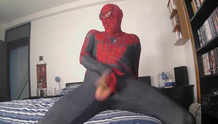 Spiderman wanking his erect cock and cumming with a big cumshot
