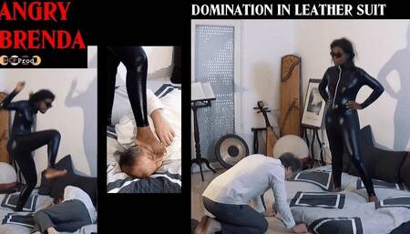 EBONY GODDESS BRENDA MAKES FOOT DOMINATION, TRAMPLING AND KICKS IN LEATHER SUIT (480p)