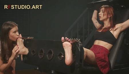 Daria - First Time Tickled In Stocks with Patty - Upper Body and Feet (FULL HD MP4)