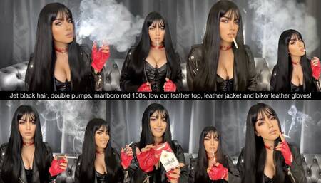 Jet black hair, double pumps, marlboro red 100s, low cut leather top, leather jacket and biker leather gloves!