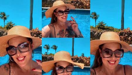 Smoking Simple - BBW Goddess smoking by the pool wearing leopard swimsuit, hat and sunglasses - Dunhill Menthol 100
