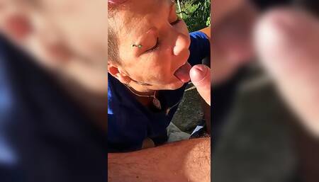 Outdoor Ball Sucking Blowjob with Cum in Mouth in the Garden