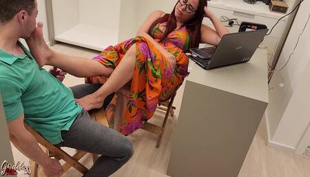 Furniture Saleswoman Seduces Client with Her Sexy Feet - Foot Worship - Foot Fetish - High Heels - Cock Teasing - Soles Licking