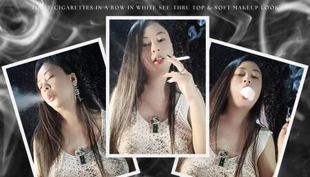 Triple Smoke ASMR: Three Cigarettes in a Row in White See-Thru Top & Soft Makeup Look