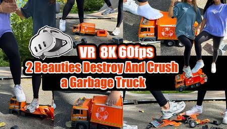 VR 3D 8K 180 60 fps | A large garbage truck hits two girls - the girls crush and destroy the garbage truck to pieces with their sneakers, socks, and bare feet.