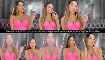 Pink seduction! Worship your princess and get weak while she smokes a Virginia Slims 120s