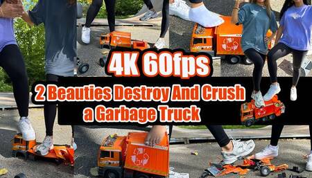 4k 60 fps | A large garbage truck hits two girls - the girls crush and destroy the garbage truck to pieces with their sneakers, socks, and bare feet.