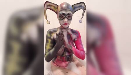 Cosplay Harlequin Body Paint Removal and Tit Grab
