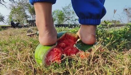 Crushing a whole watermelon with my asian feet
