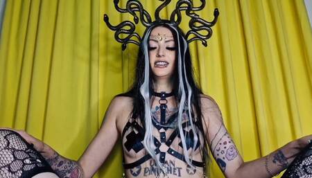 Halloween pegging video. Medusa the Gorgon fucks her slave in a chastity belt in the ass with a strap-on.