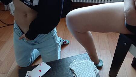 We had a bet, but no one lost at cards because all three of us cum