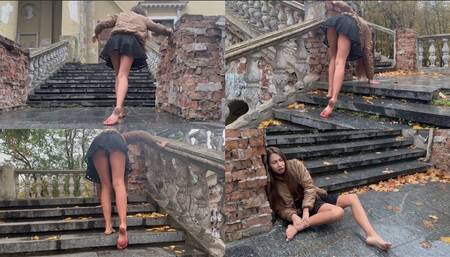 She twisted her ankle and is dragging her leg along the steps (custom video)