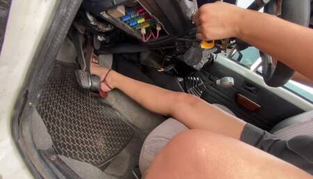 Ely's beautiful arched feet pump the pedal of the old chevette