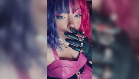 Your Sweetheart Tina Snua Smoking A Cork 100 Cigarette Wearing A Leather Dress & Gloves With Rings - Smoke