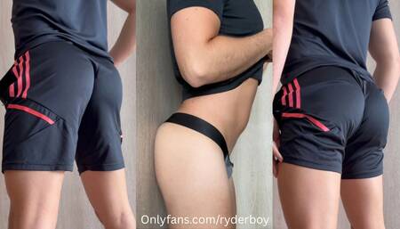 Horny Boy jerks off in tight shorts jockstrap big bulge showing Hot Twink