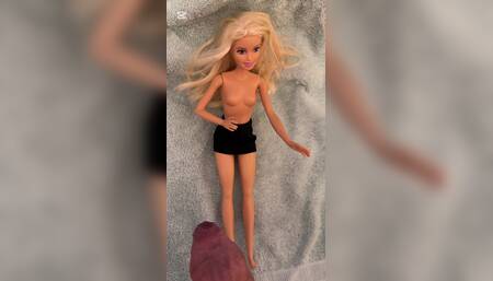 3 Cumshots on Barbie Doll after wanking my dick