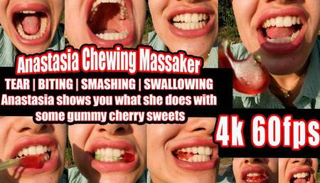 4K 60 FPS | Anastasia presents her perfect teeth: incisors, canines and molars in action as she chews and swallows gummy cherries right in front of you