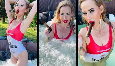 Marlboro girl smokes a Giant cigar in the Whirlpool